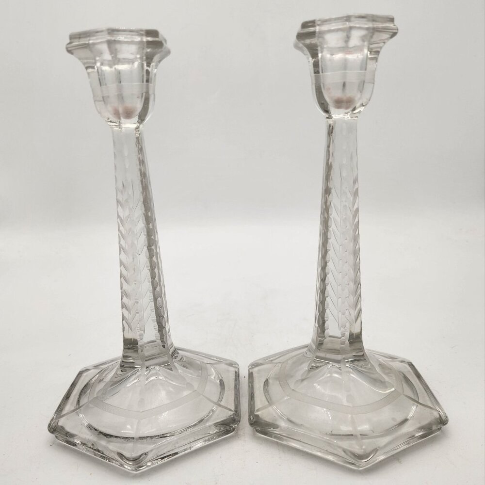 Early 1900's Antique Fostoria Etched Glass Candlesticks